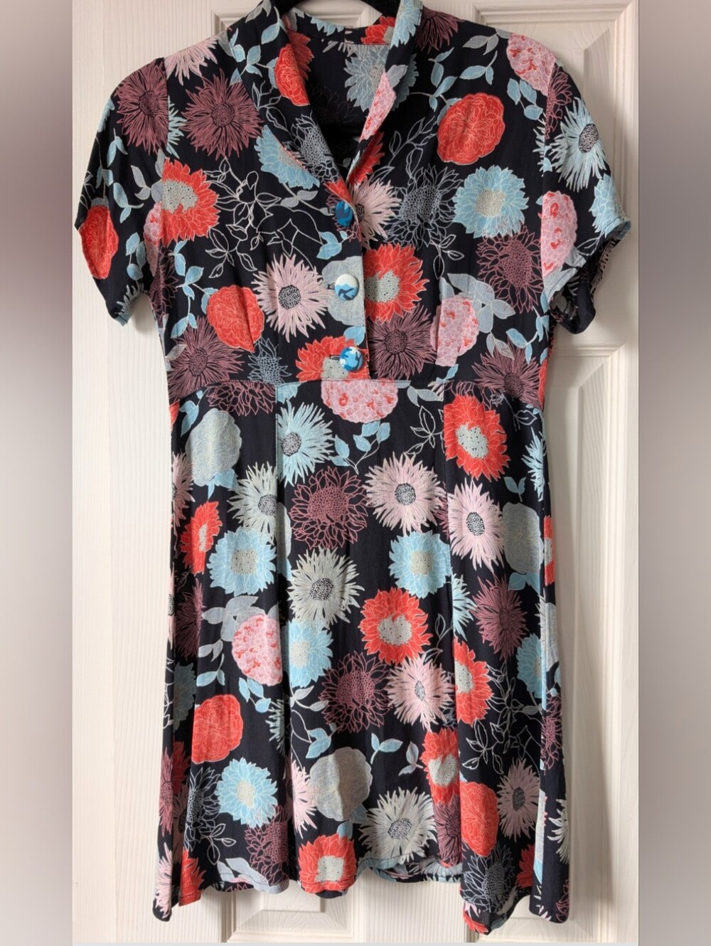Vintage Black Floral Button-Front Women’s Minidress, Sz. XS